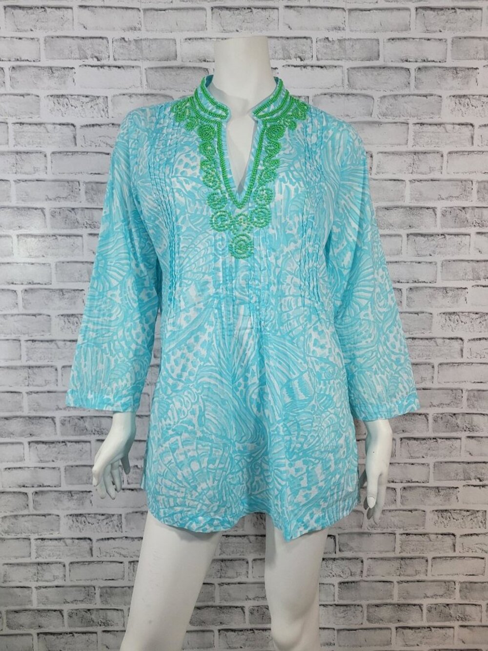 Lilly Pulitzer Sarasota Sea Cups Turquoise Shells Beaded Tunic Size Large- READ